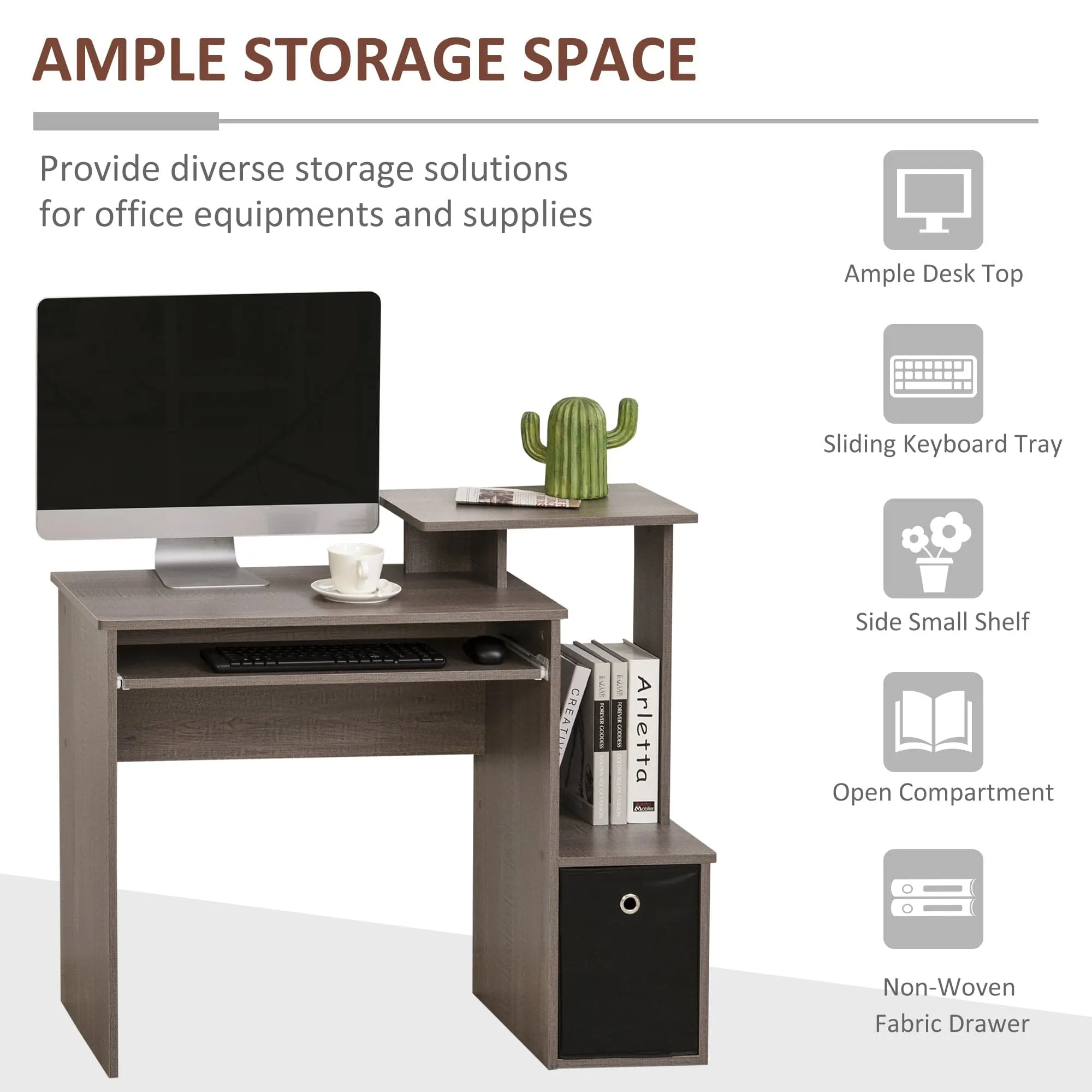 ProperAV Extra Computer Desk with Sliding Keyboard Tray & Side Compartment