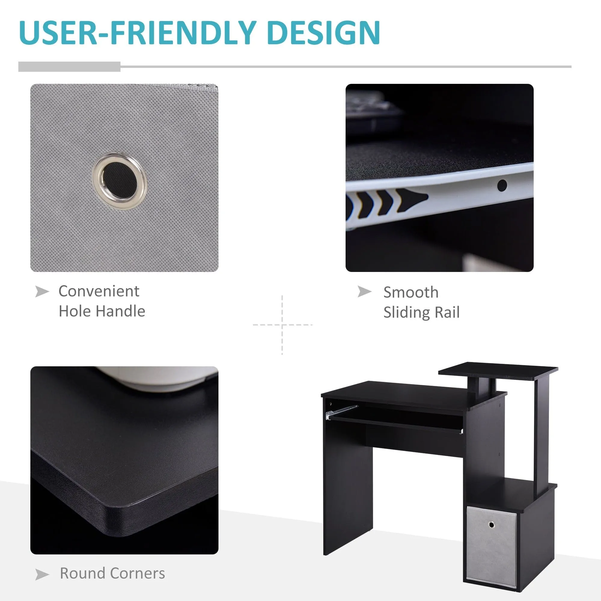 ProperAV Extra Computer Desk with Sliding Keyboard Tray & Side Compartment