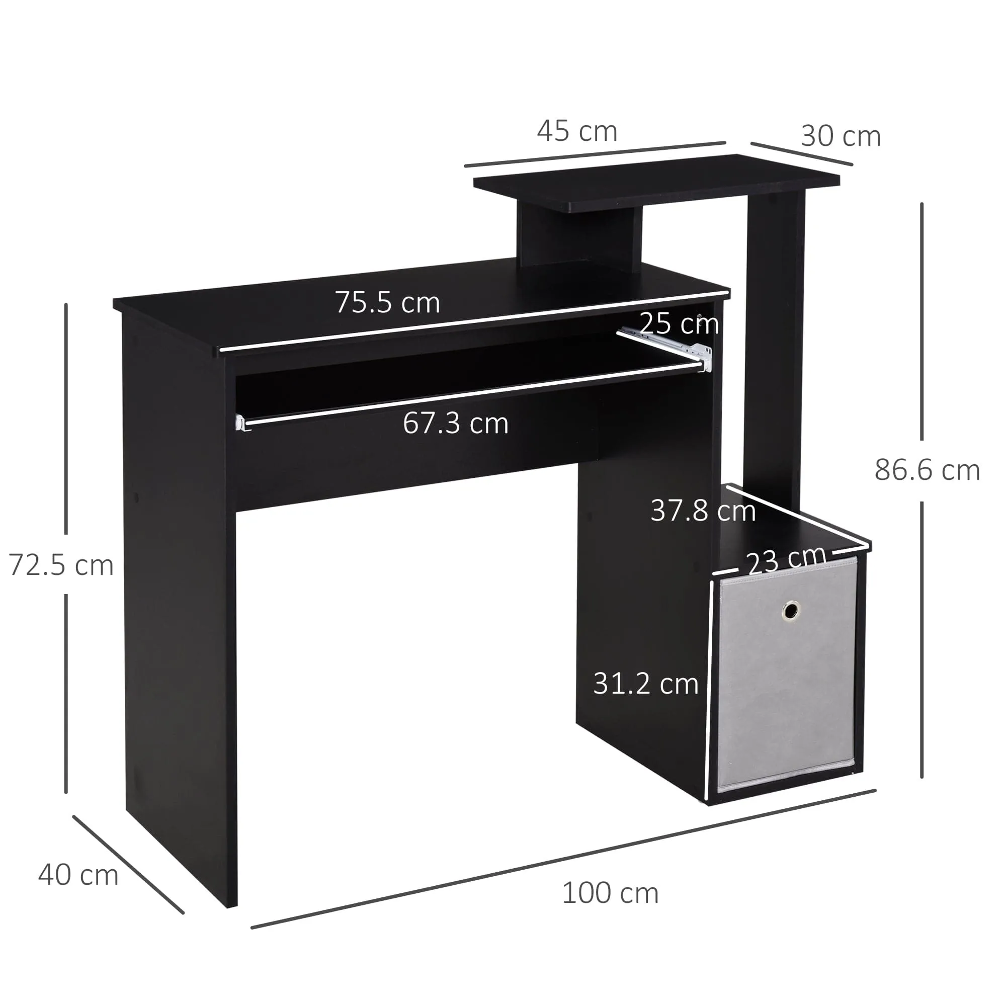 ProperAV Extra Computer Desk with Sliding Keyboard Tray & Side Compartment