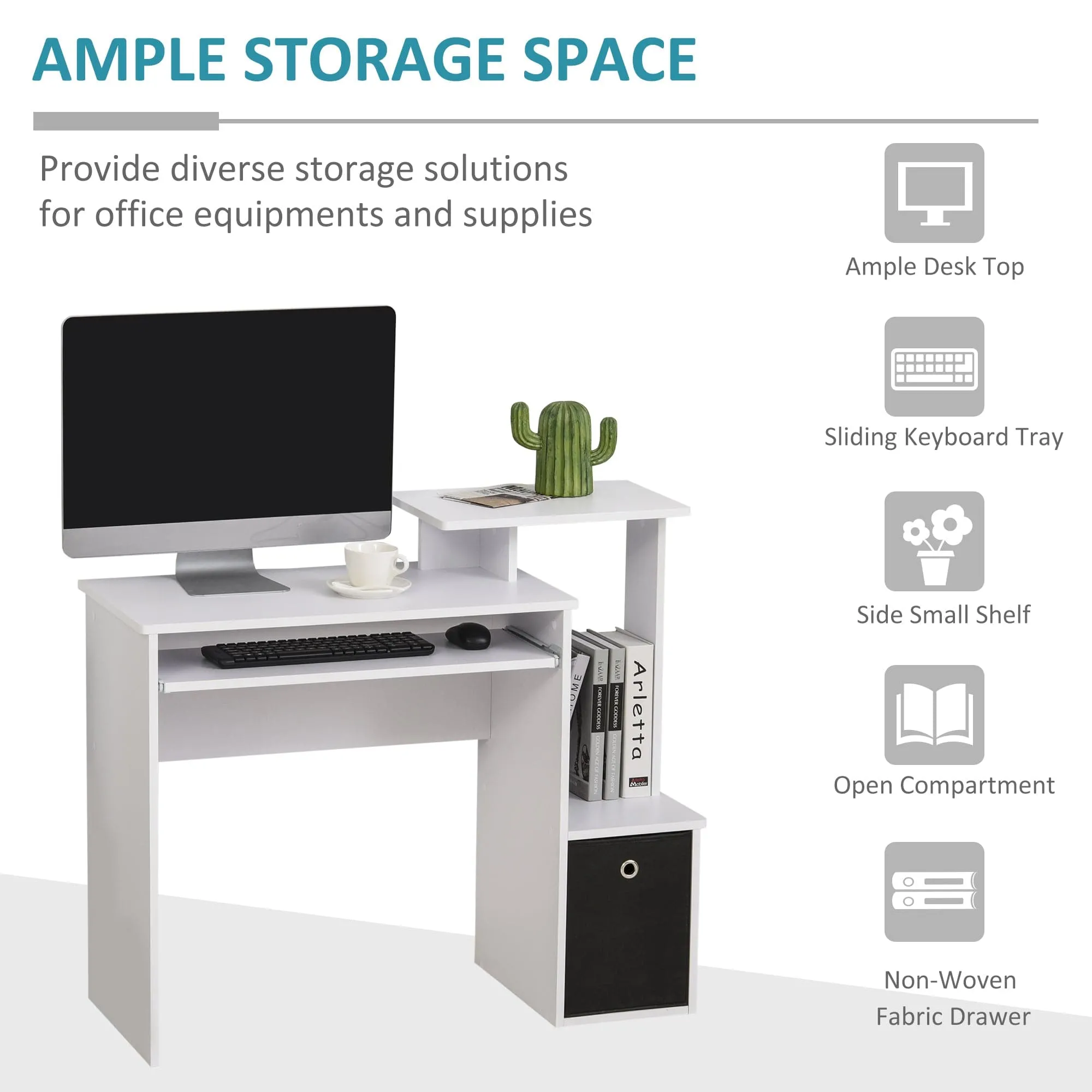 ProperAV Extra Computer Desk with Sliding Keyboard Tray & Side Compartment