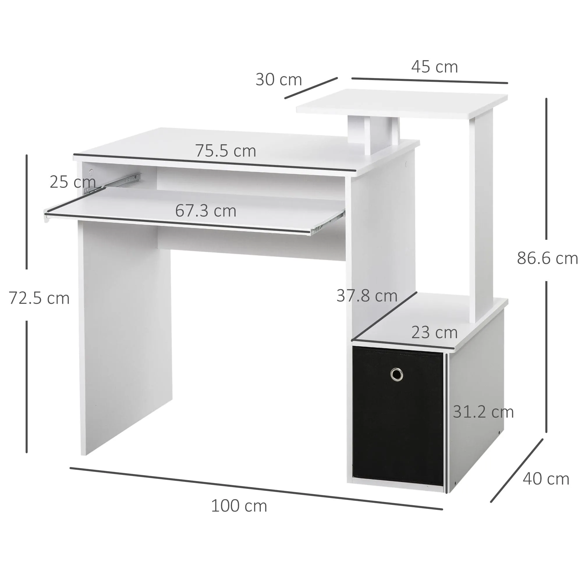 ProperAV Extra Computer Desk with Sliding Keyboard Tray & Side Compartment