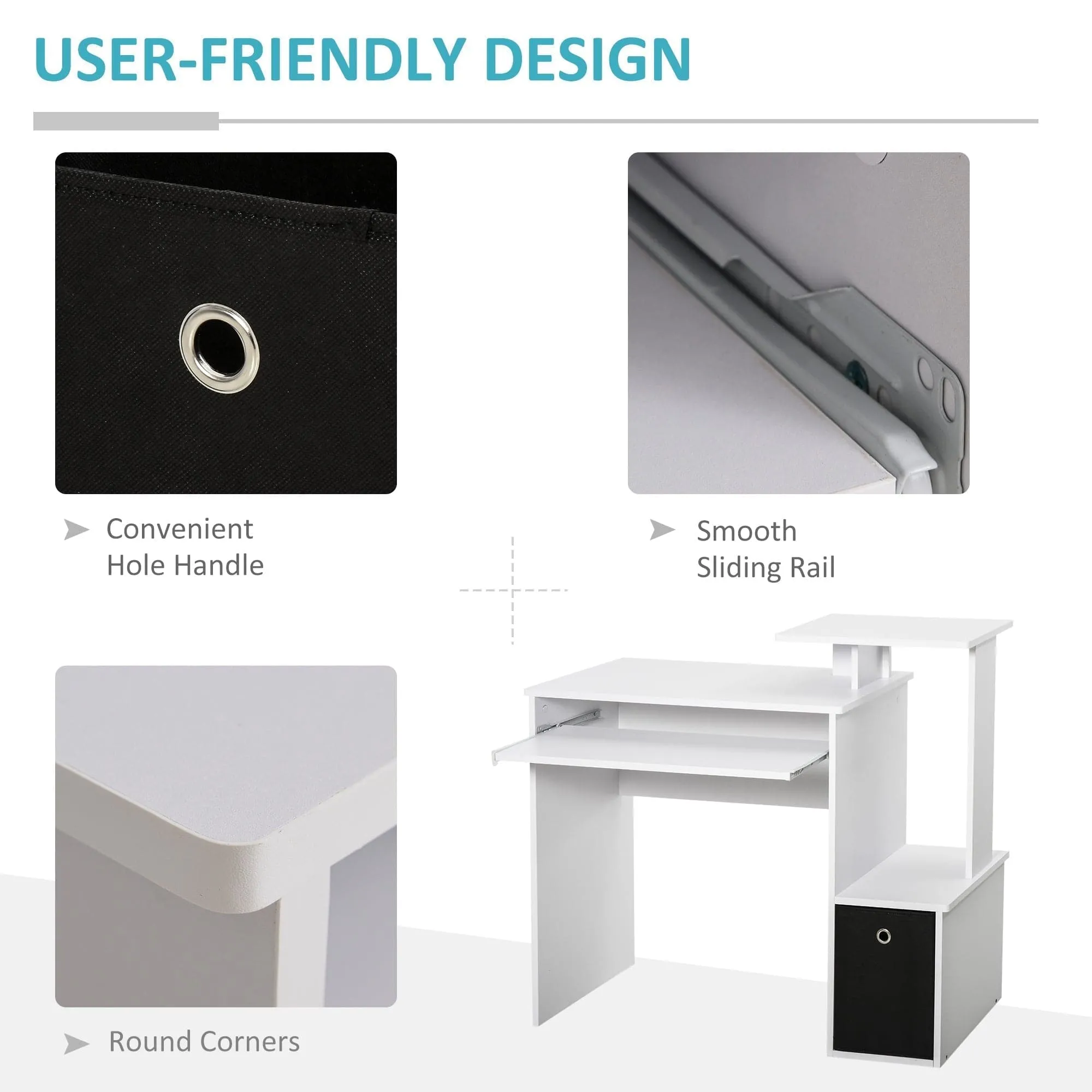 ProperAV Extra Computer Desk with Sliding Keyboard Tray & Side Compartment