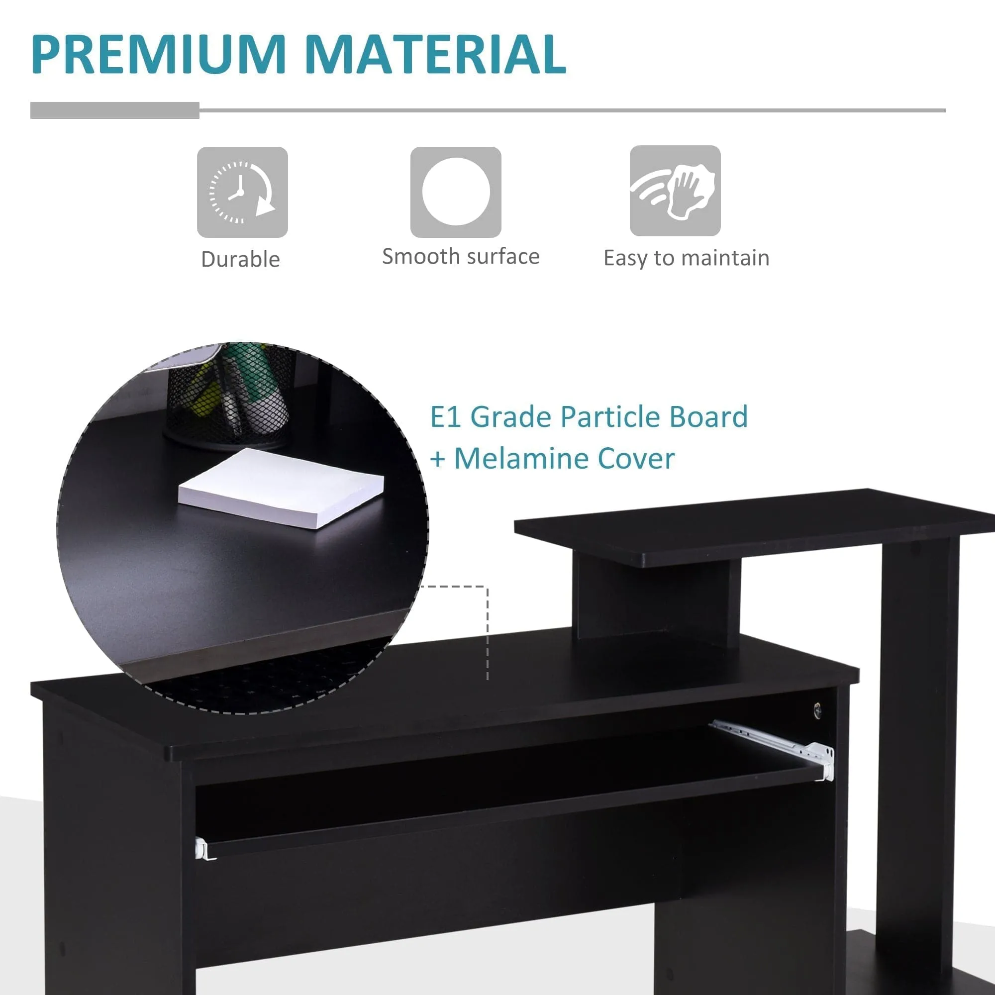 ProperAV Extra Computer Desk with Sliding Keyboard Tray & Side Compartment