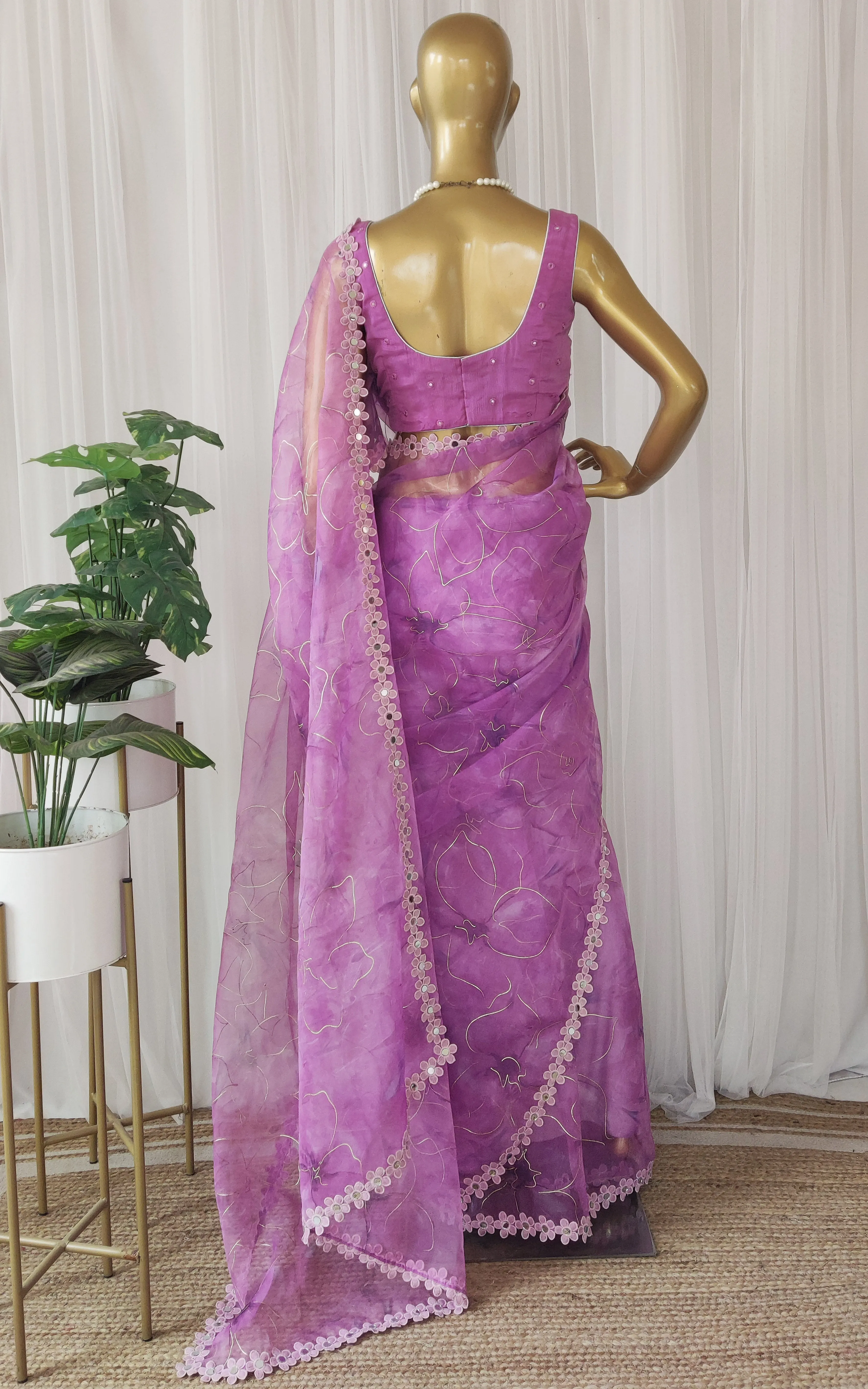 Purple Floral Organza Mirrorwork Saree