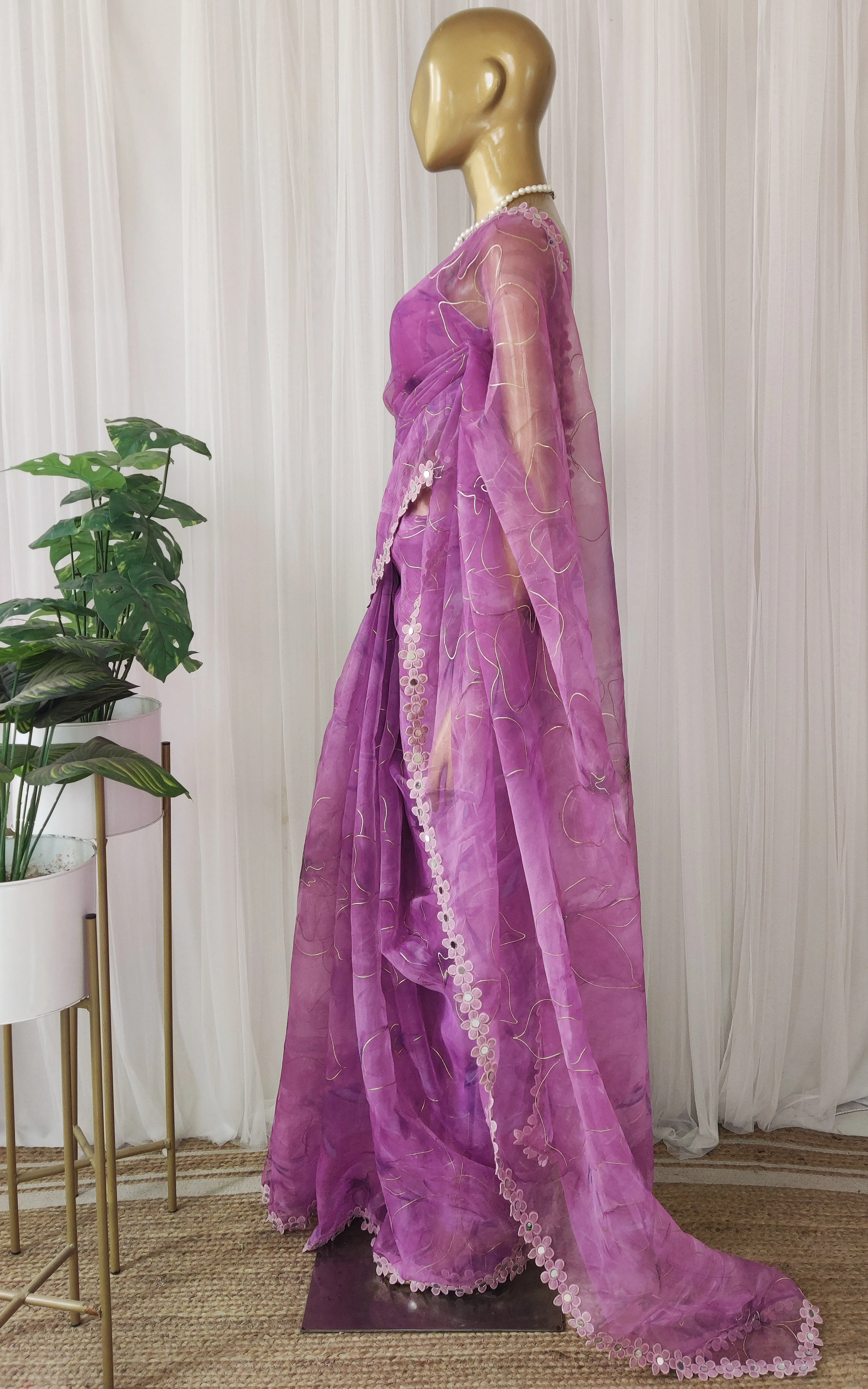 Purple Floral Organza Mirrorwork Saree