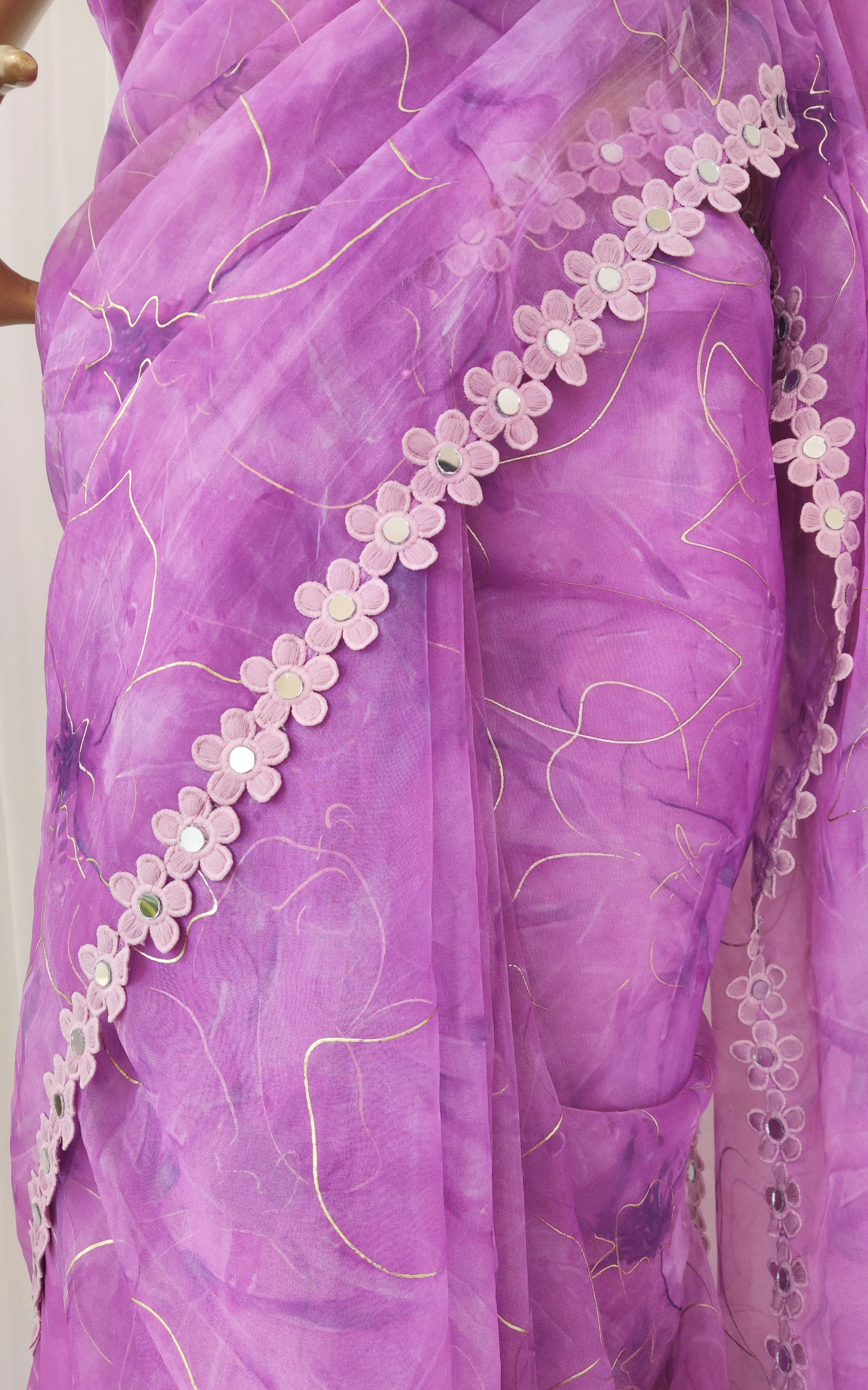 Purple Floral Organza Mirrorwork Saree