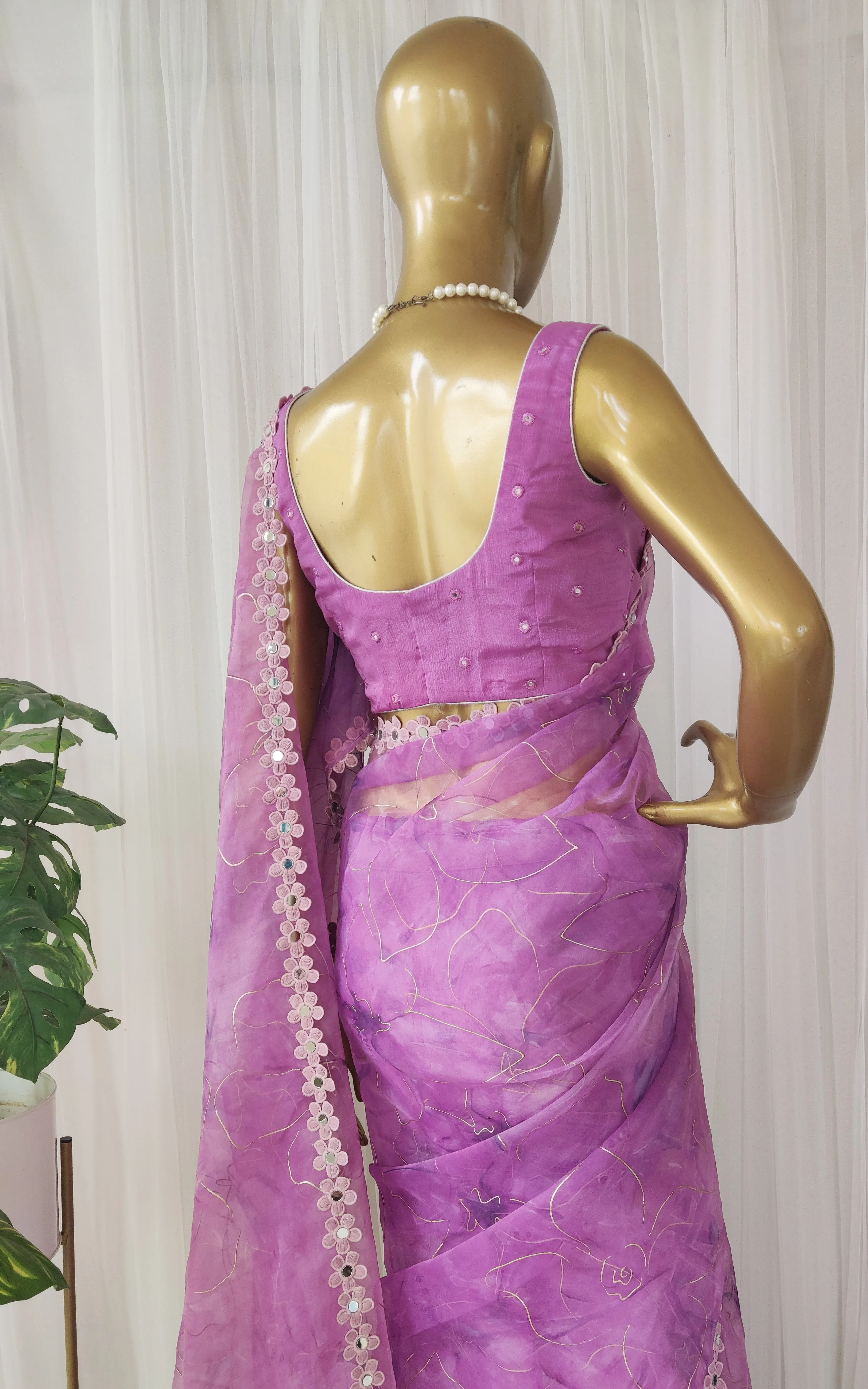 Purple Floral Organza Mirrorwork Saree