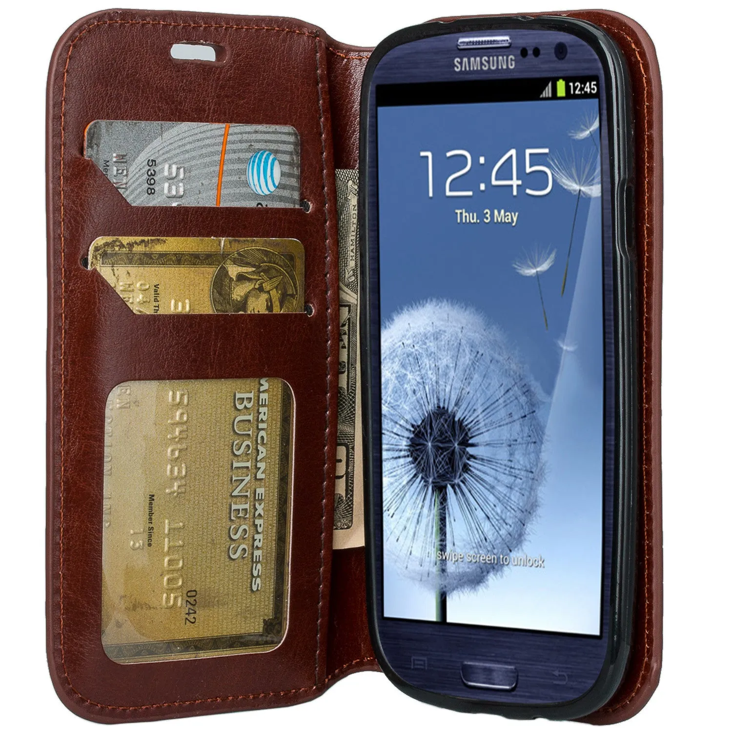 Samsung Galaxy S3 Case, Slim Magnetic Fold[Kickstand] Pu Leather Wallet Case with ID & Credit Card Slots for Samsung Galaxy S3 - Brown