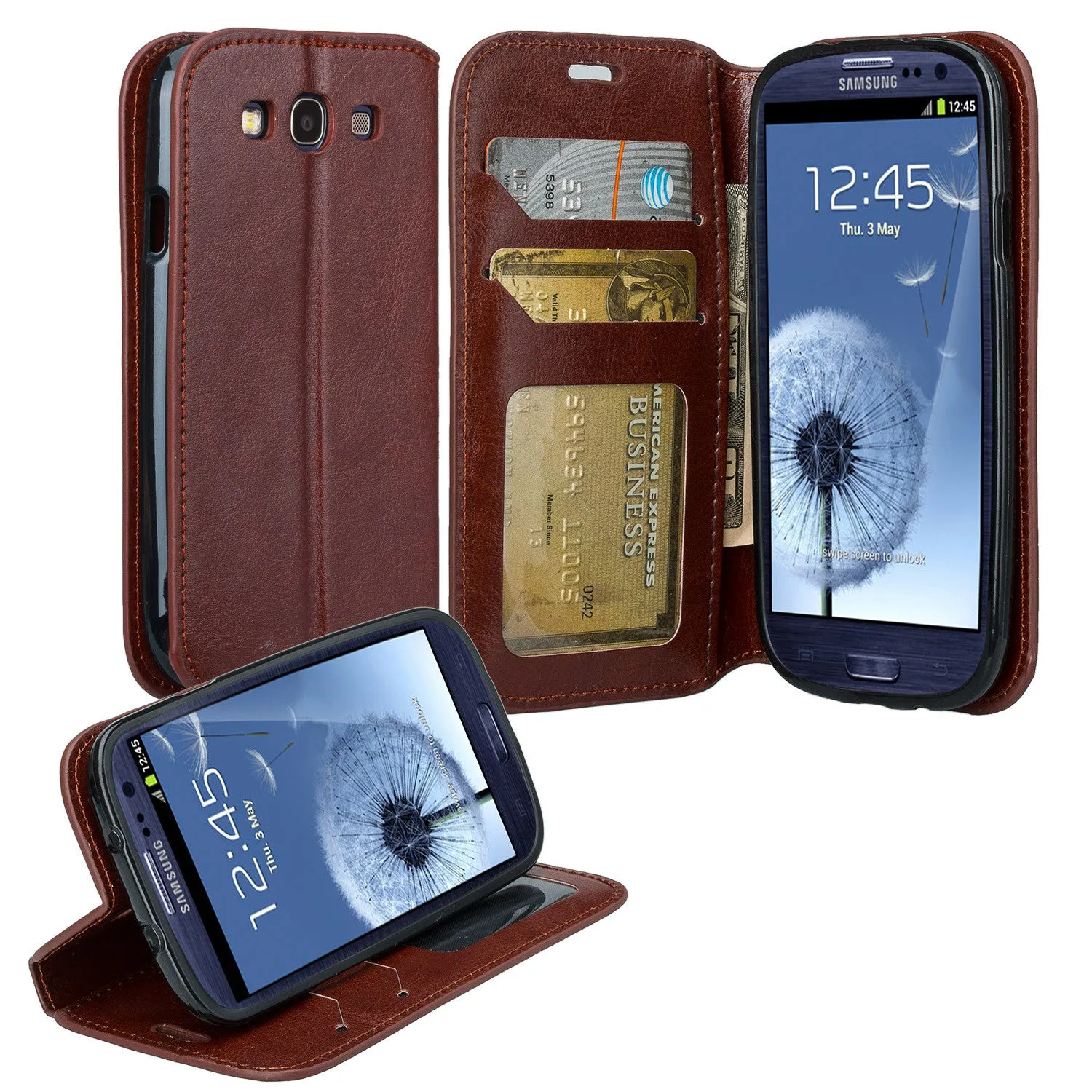 Samsung Galaxy S3 Case, Slim Magnetic Fold[Kickstand] Pu Leather Wallet Case with ID & Credit Card Slots for Samsung Galaxy S3 - Brown