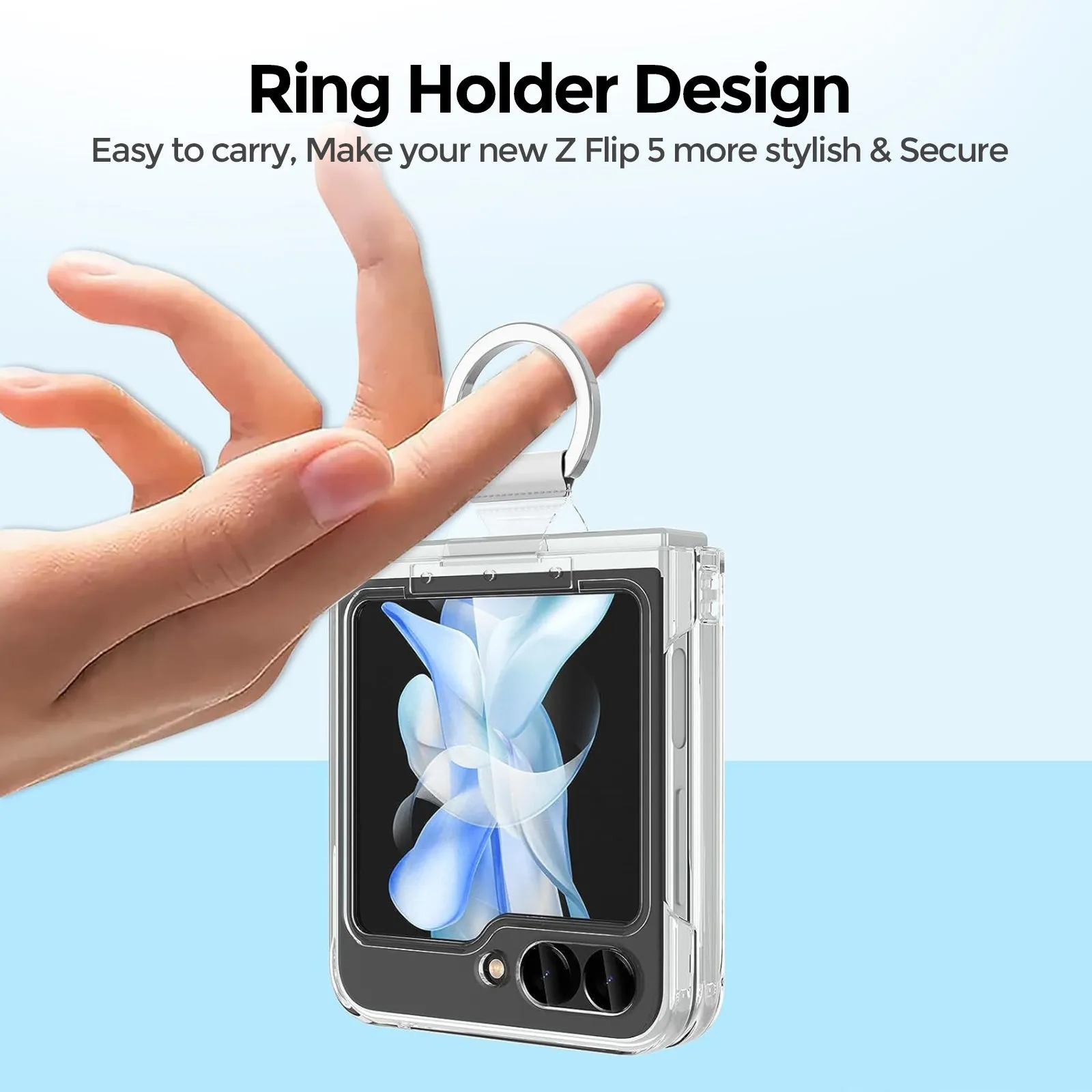 Samsung Galaxy Z Flip 5 Case Cover | Hard Transparent Hard PC Cover With Ring Holder  | Crystal Clear