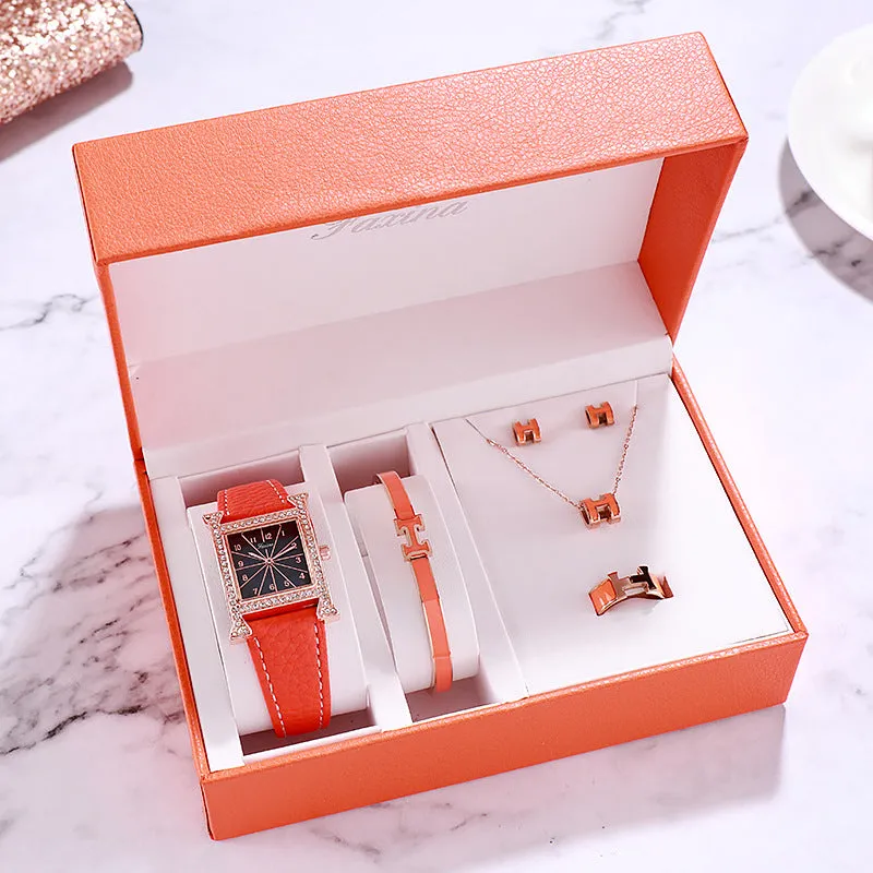 Square Pattern 5 Pcs Set Women's Watch