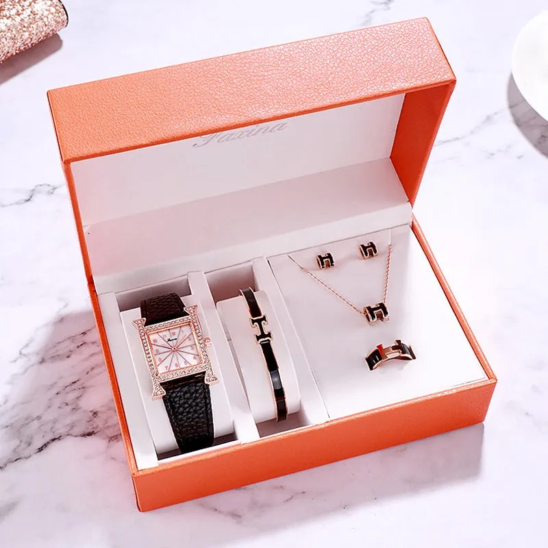 Square Pattern 5 Pcs Set Women's Watch