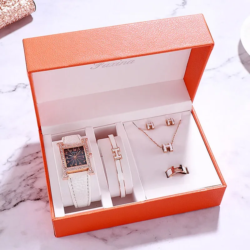 Square Pattern 5 Pcs Set Women's Watch