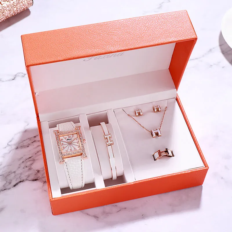 Square Pattern 5 Pcs Set Women's Watch