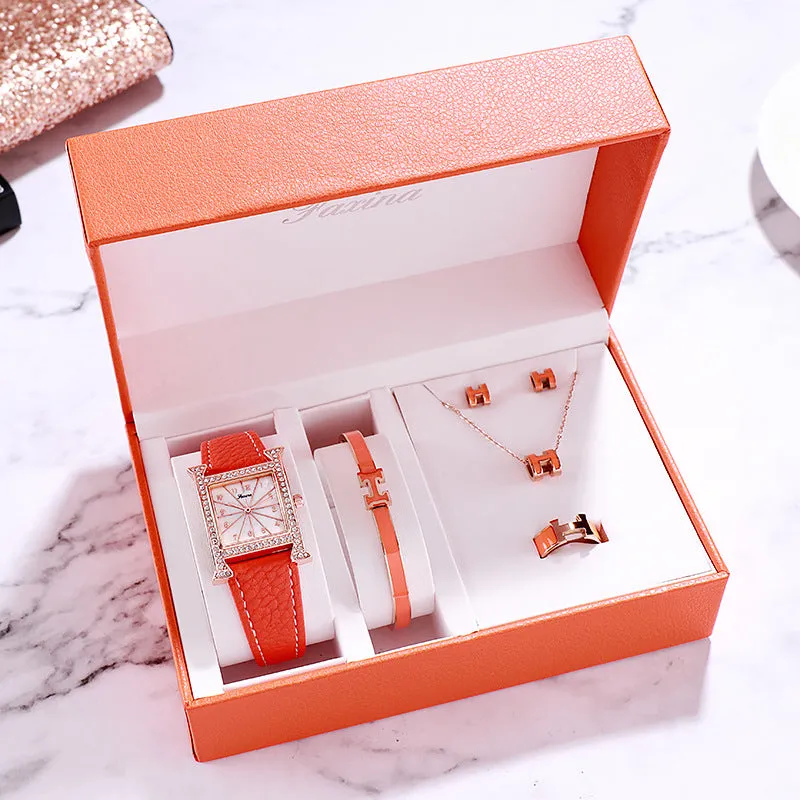 Square Pattern 5 Pcs Set Women's Watch