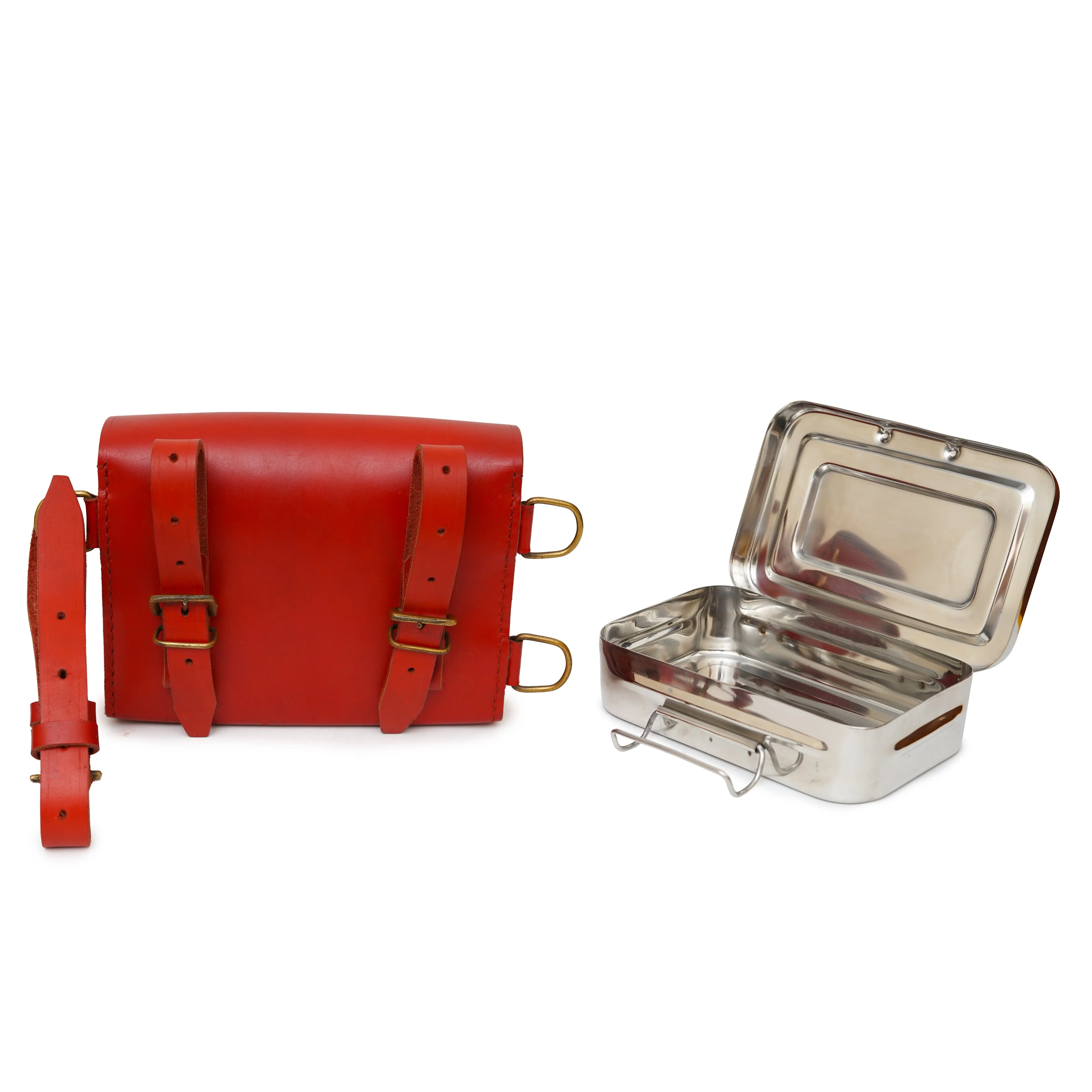 Stainless Steel Fox Hunting Sandwich Tin with Leather Case - Red