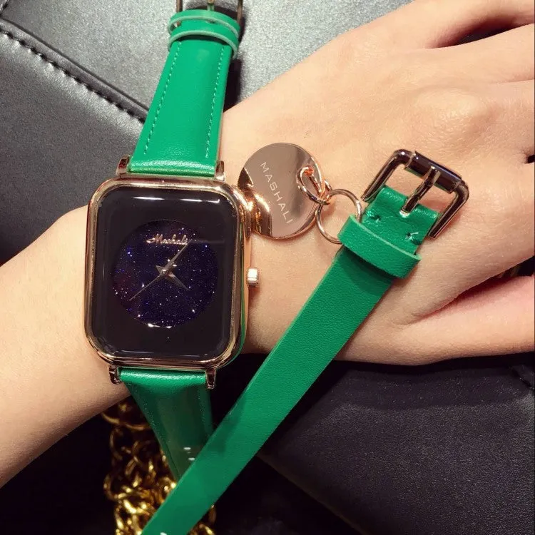 Starry Square Leather Strap Watch 2pcs Set