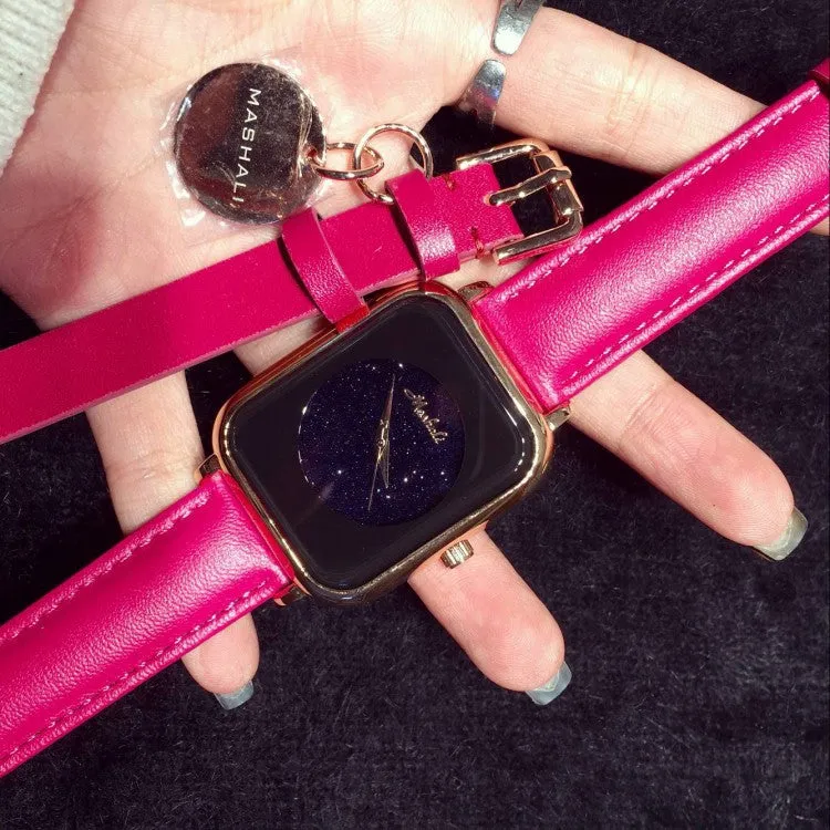 Starry Square Leather Strap Watch 2pcs Set