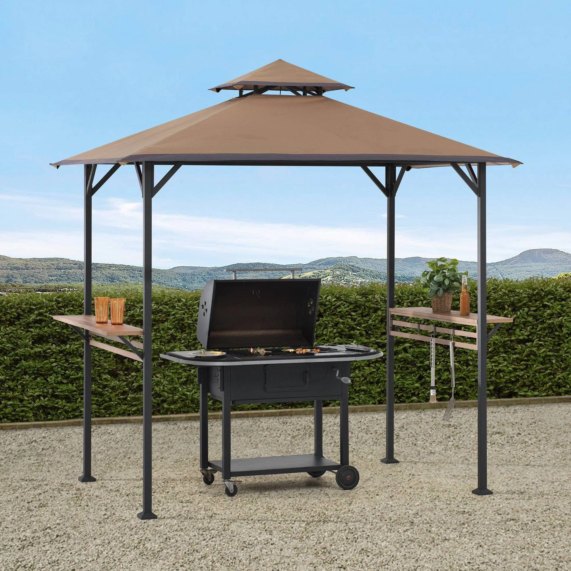 SUNJOY Outdoor Patio 5x8 Khaki 2-Tier Steel Backyard Soft Top Grill Gazebo with Bar Shelves and Hooks