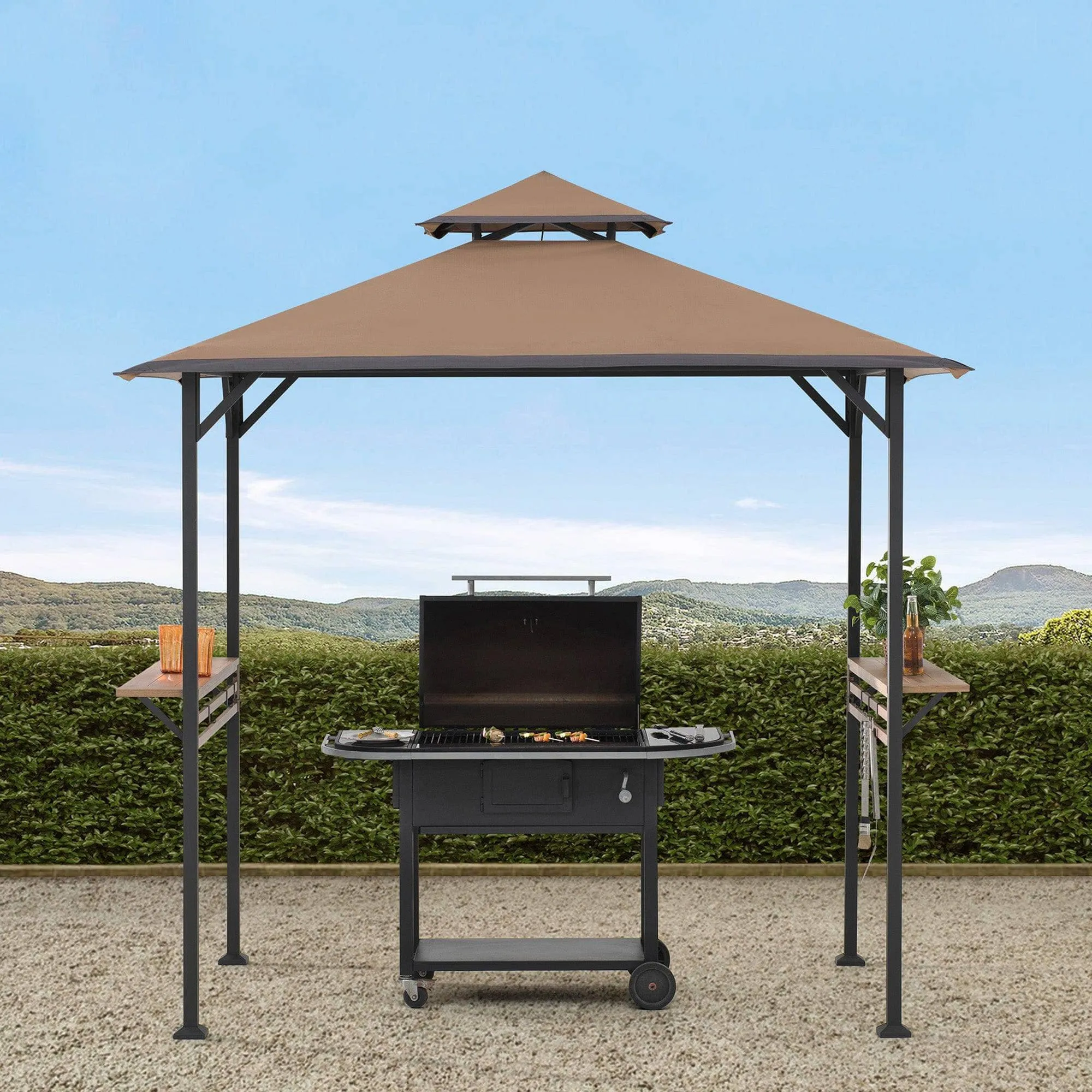 SUNJOY Outdoor Patio 5x8 Khaki 2-Tier Steel Backyard Soft Top Grill Gazebo with Bar Shelves and Hooks