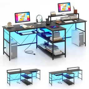 Tangkula 2-Person Reversible Computer Desk with LED Lights, 94.5” Long Office Desk with Power Outlets