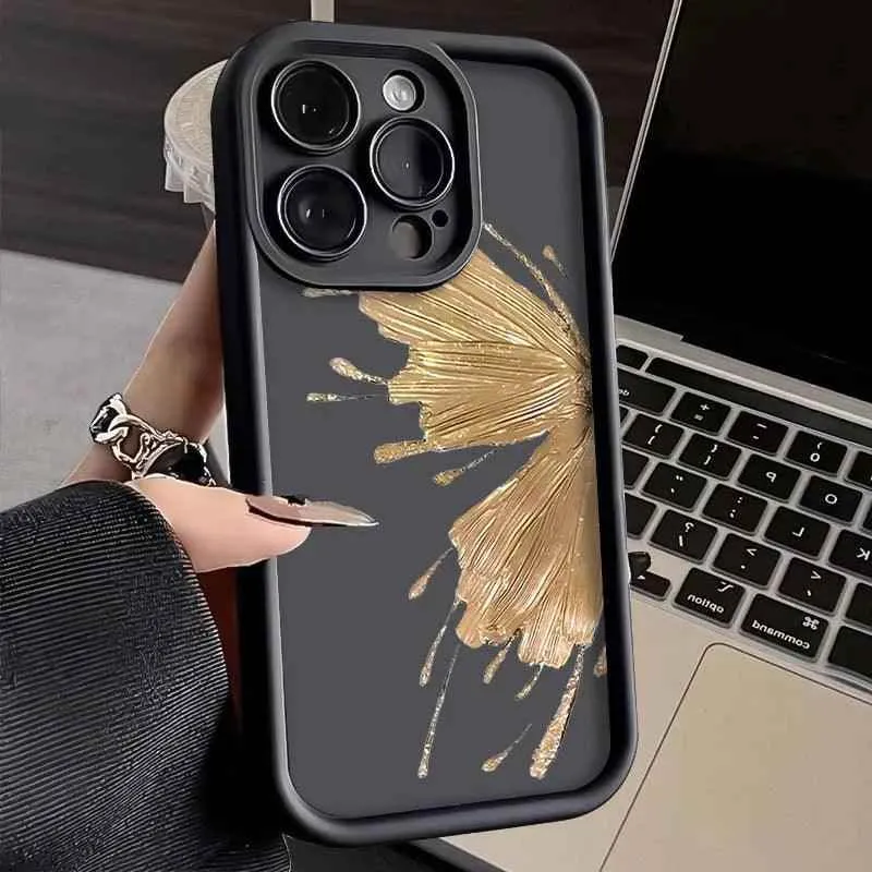 TSP129 Cute Phone Cases For iPhone 14, 13, 12, 11, 15 Pro Max, XS, XR, X, 8, 7 Plus, SE2, 14Pro, and 15Pro - Golden Butterfly Pattern