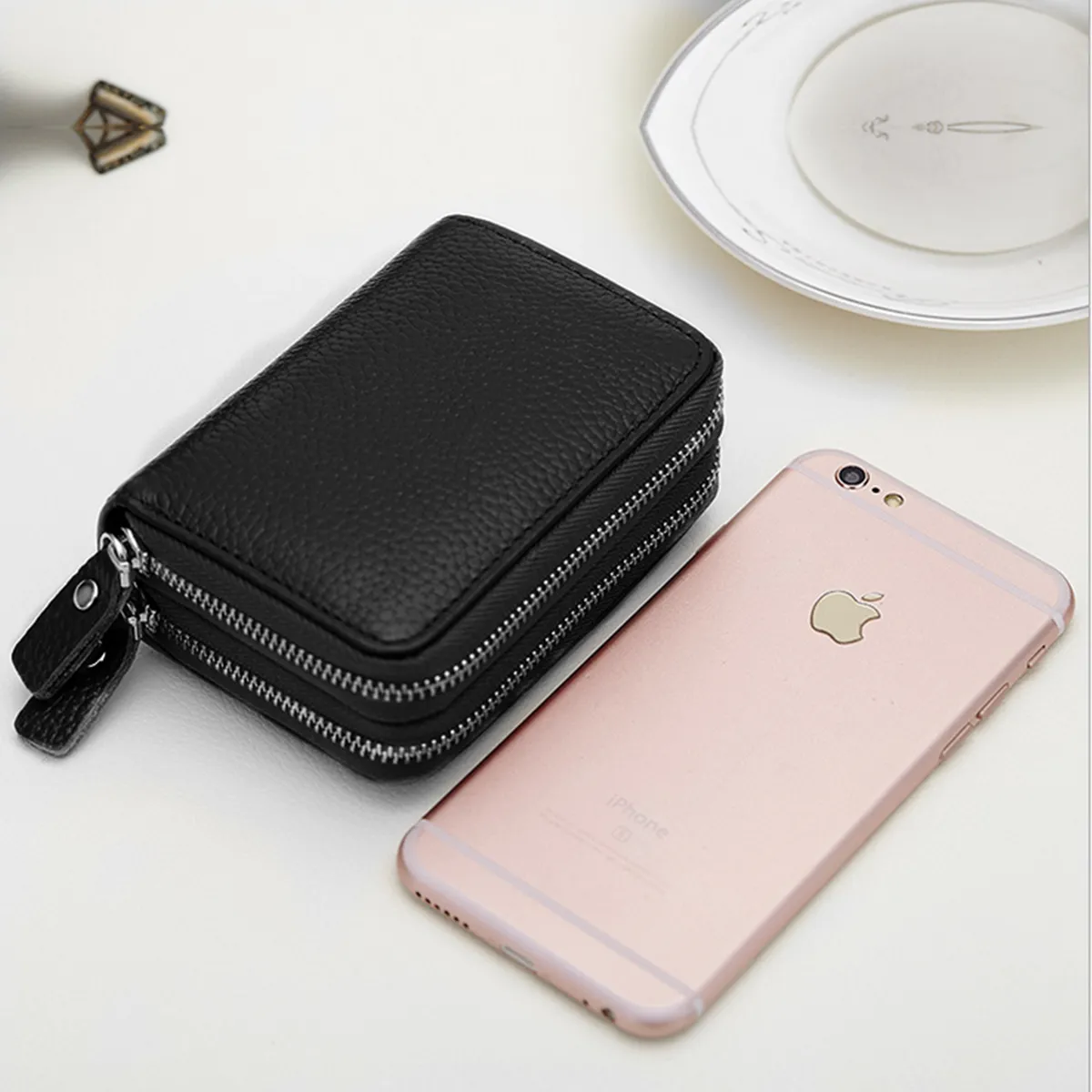 Unisex Genuine Leather 13 Card Slot Coin Holder RFID Anti-magnetic Mini Wallet Double Zipper Pocket Cowhide Coin Purse