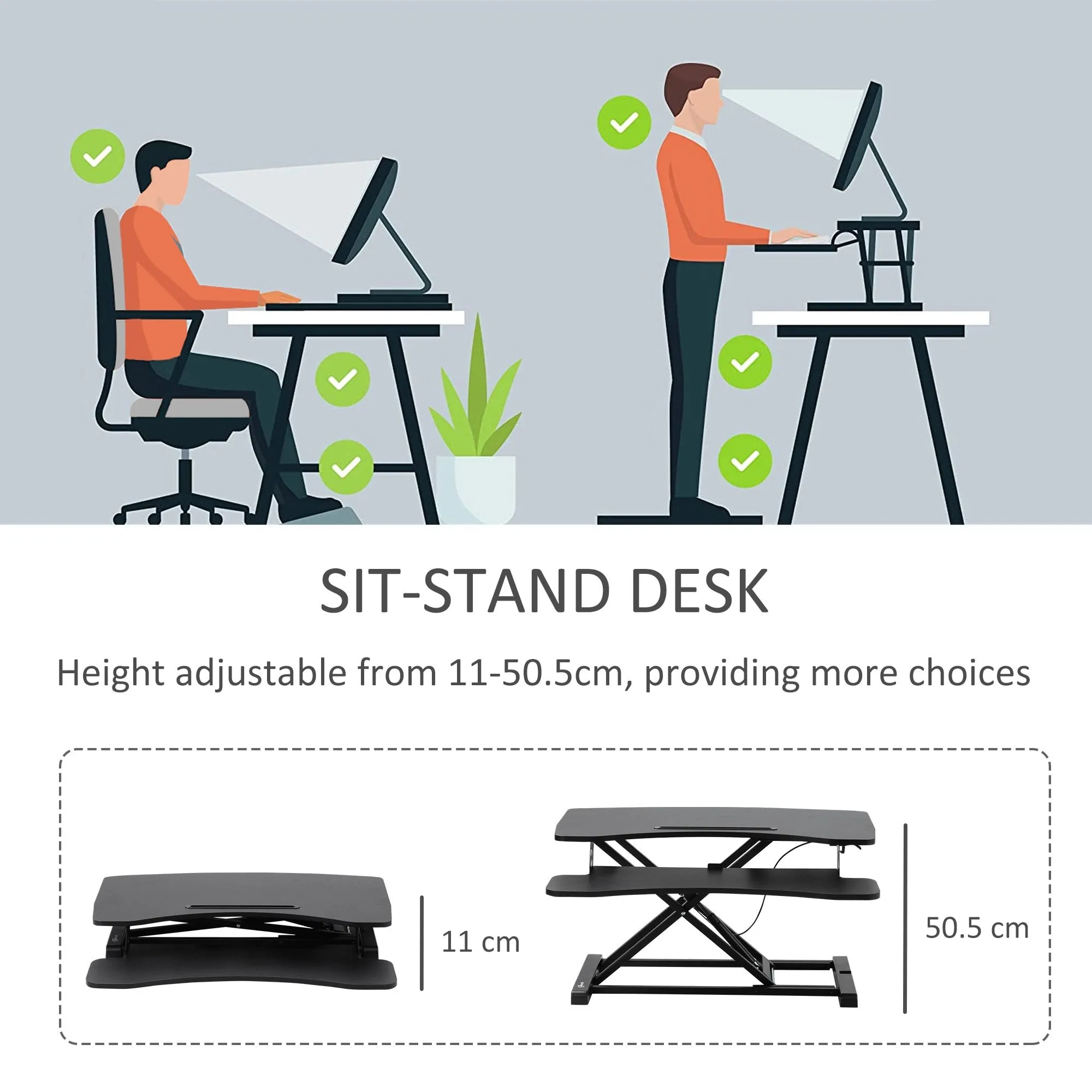 Vinsetto Standing Desk Converter, Height Adjustable Office Workstation, 85 x 71cm Sit-Stand Desk with Keyboard Tray for PC Computer, Laptop, Home, Office, Black Table