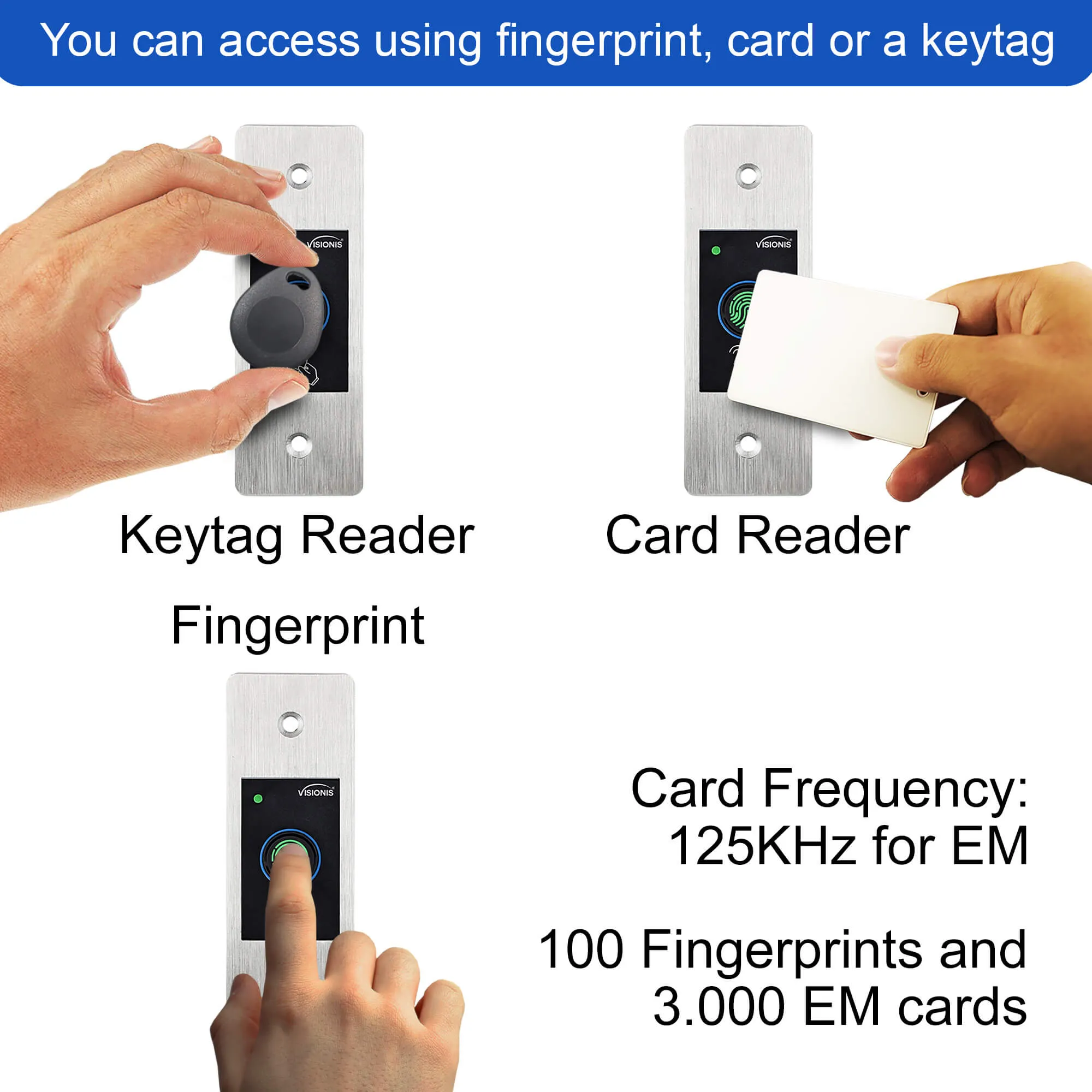 Visionis VIS-3027 – Indoor   Outdoor Rated IP66 Metal Access Control Standalone Only Biometric Fingerprint   Reader   100 Fingerprints And 3000 EM Cards   Flush Mount Slim Design