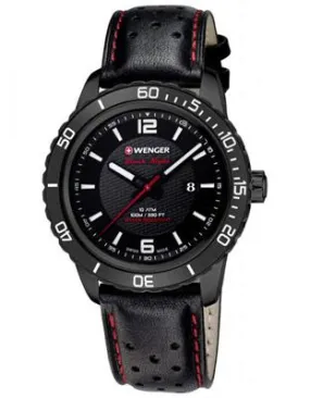 Wenger Mens Roadster Black Night - Black PVD & Leather Strap with Red Accents