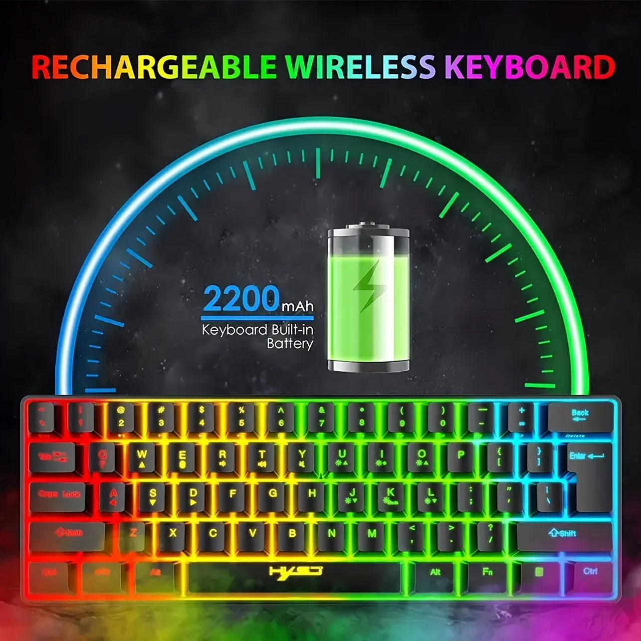 Wireless Gaming Keyboard, 61 Keys BT 5.0   2.4G Dual-Mode Wireless Rainbow Backlit Ergonomic Ultra-Compact Silent 60% Keyboard for Windows Mac PC PS4 Gamer