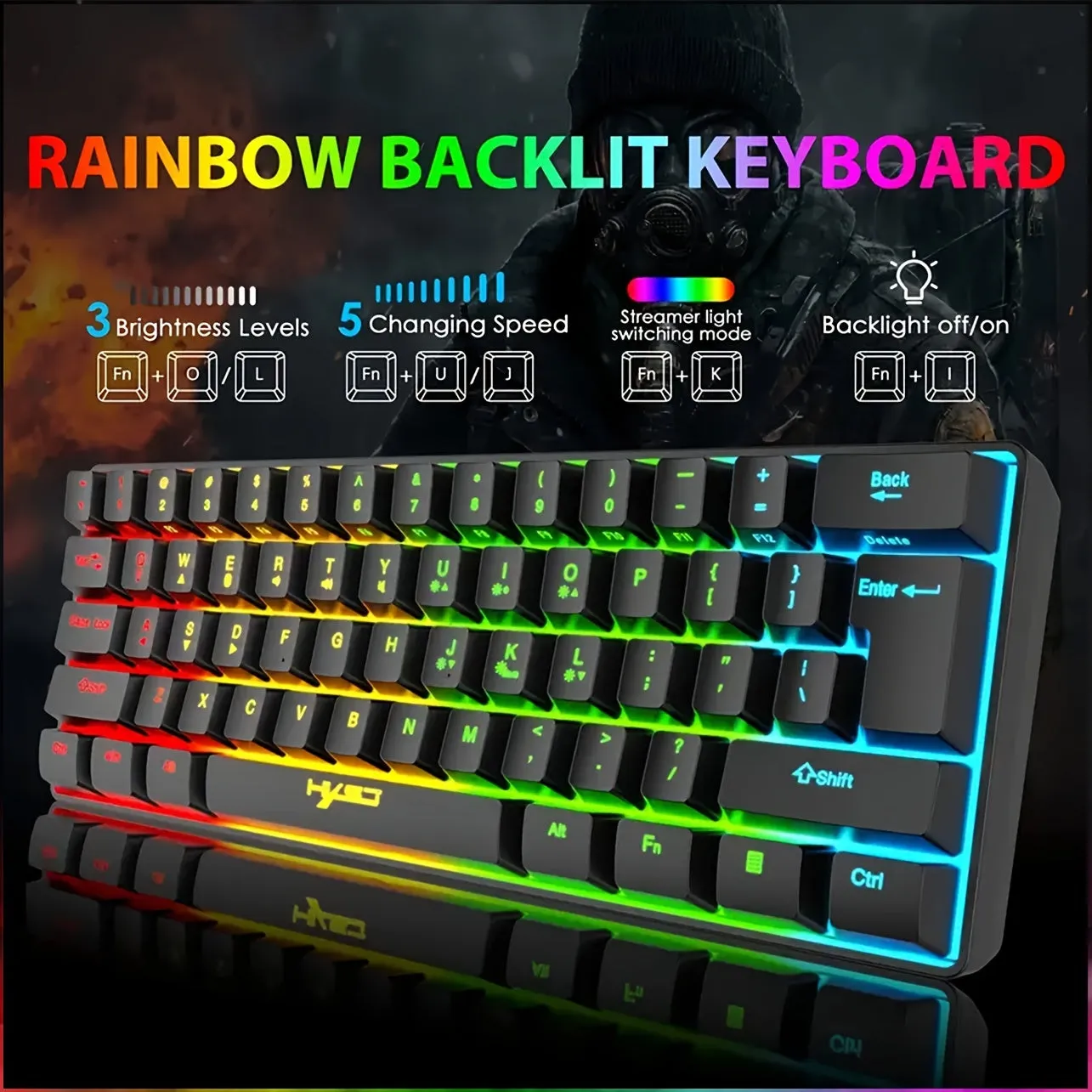 Wireless Gaming Keyboard, 61 Keys BT 5.0   2.4G Dual-Mode Wireless Rainbow Backlit Ergonomic Ultra-Compact Silent 60% Keyboard for Windows Mac PC PS4 Gamer