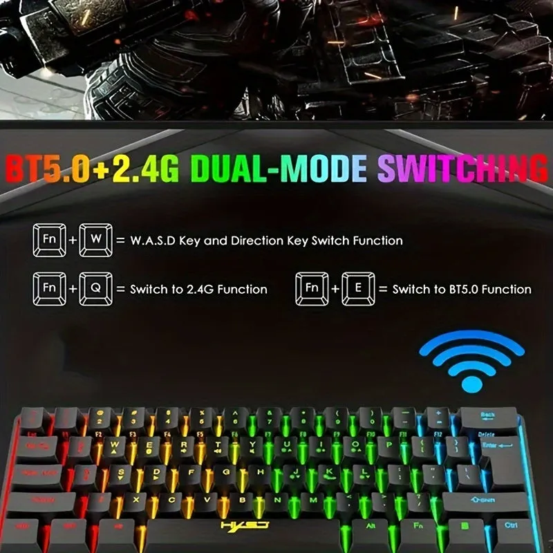 Wireless Gaming Keyboard, 61 Keys BT 5.0   2.4G Dual-Mode Wireless Rainbow Backlit Ergonomic Ultra-Compact Silent 60% Keyboard for Windows Mac PC PS4 Gamer