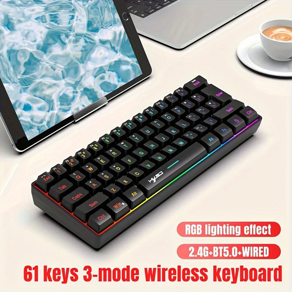 Wireless Gaming Keyboard, 61 Keys BT 5.0   2.4G Dual-Mode Wireless Rainbow Backlit Ergonomic Ultra-Compact Silent 60% Keyboard for Windows Mac PC PS4 Gamer