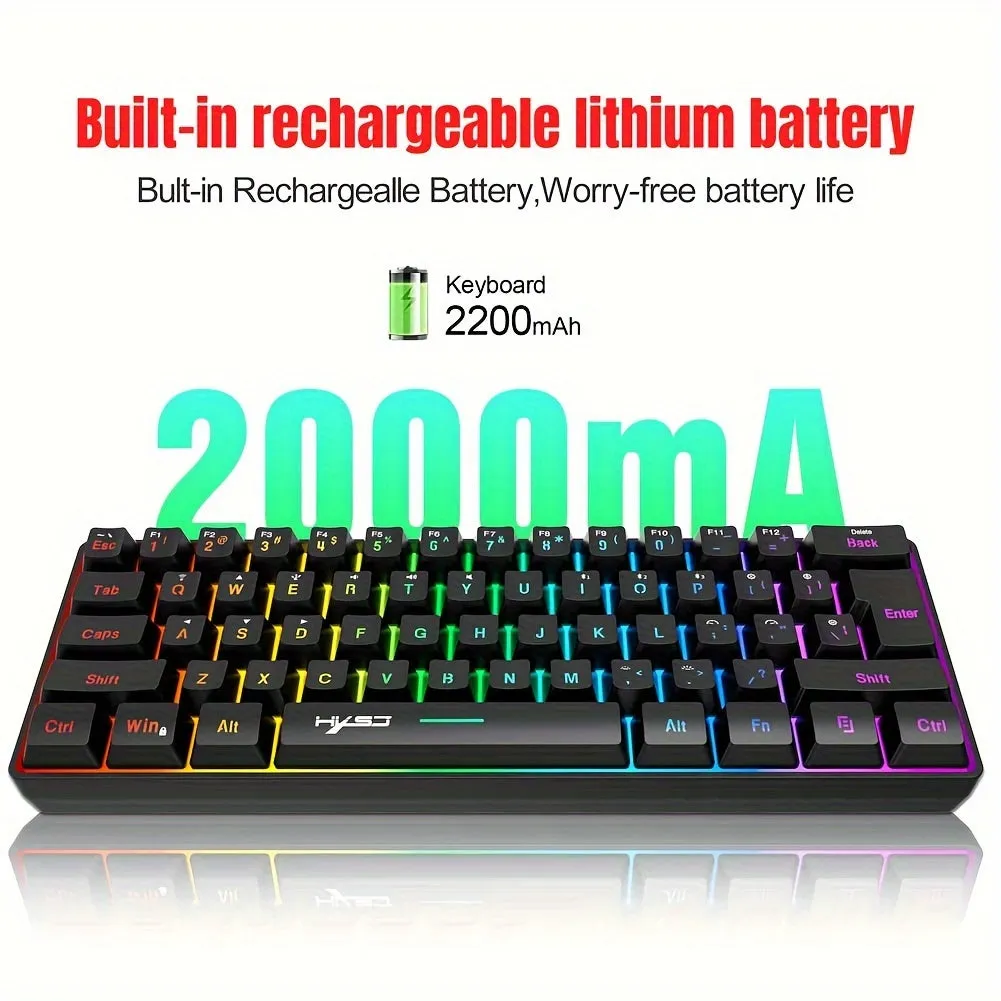 Wireless Gaming Keyboard, 61 Keys BT 5.0   2.4G Dual-Mode Wireless Rainbow Backlit Ergonomic Ultra-Compact Silent 60% Keyboard for Windows Mac PC PS4 Gamer