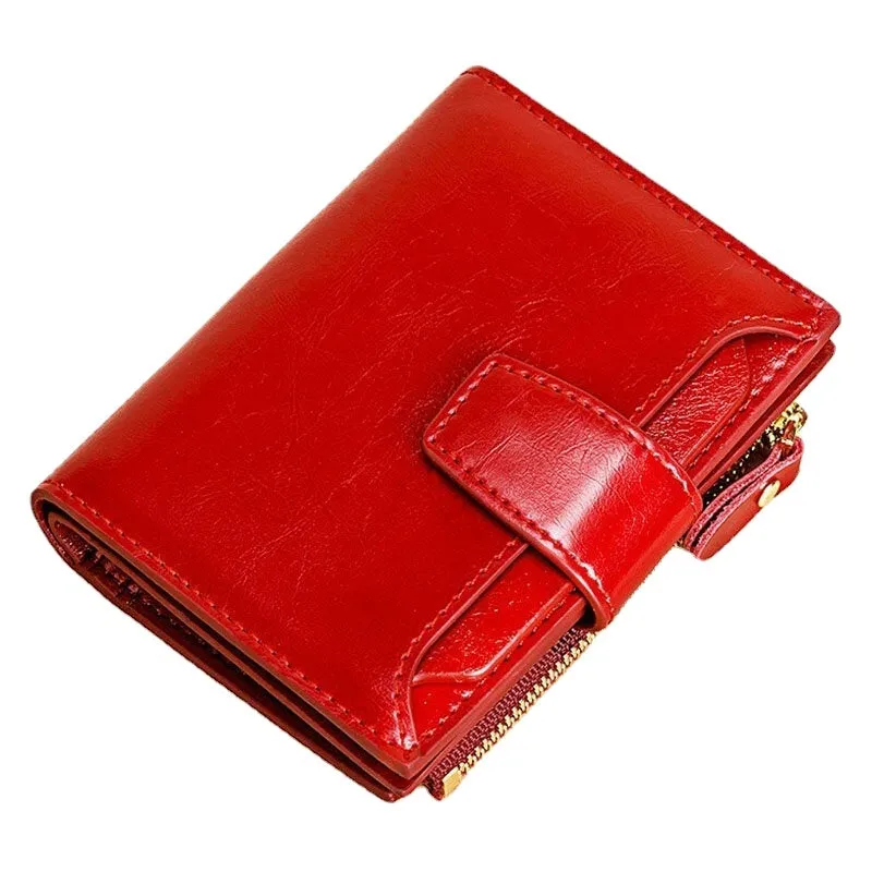 Women Genuine Leather Bifold Short Anti-magnetic Wallet Slot Card Case Coin Purse