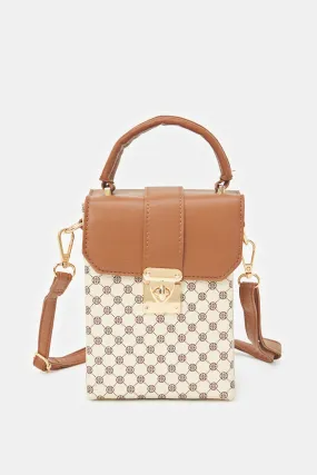 Women Tan And Cream Printed Mobile Bag