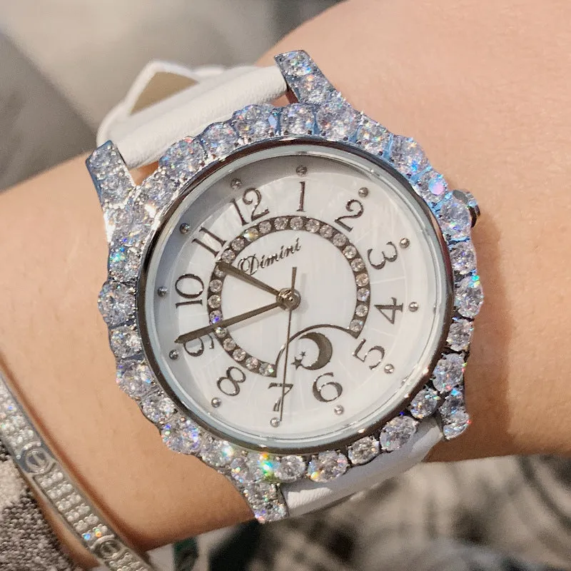 Women's Watch Diamond-set dial with bright luxury leather strap elegant watch