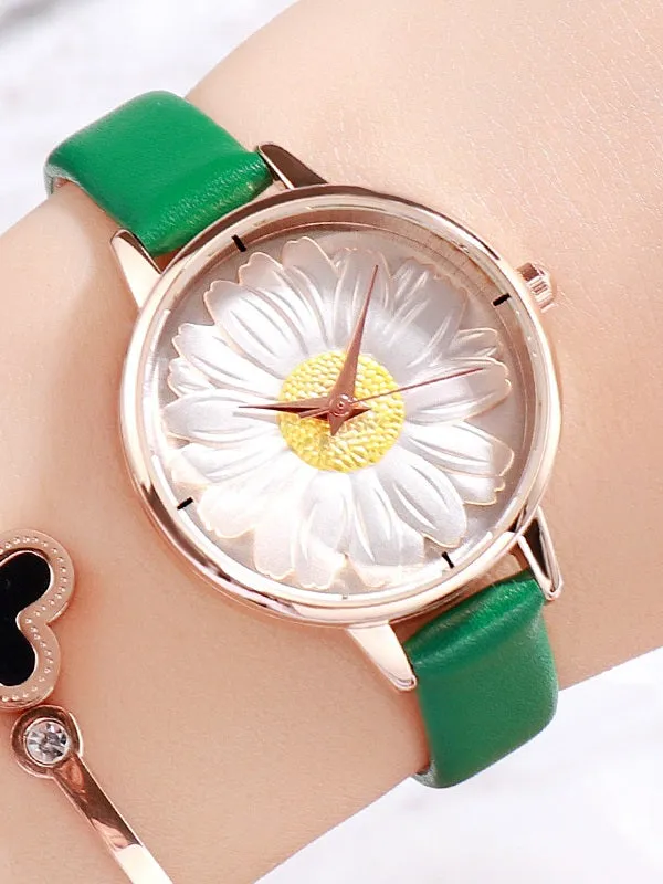 Women's Watch Flower Pattern Round dial leather strap elegant watch