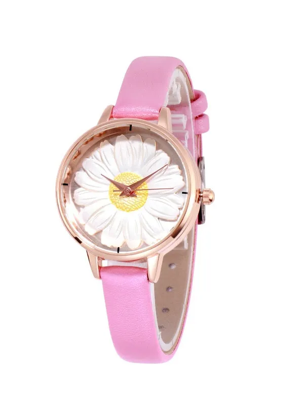 Women's Watch Flower Pattern Round dial leather strap elegant watch