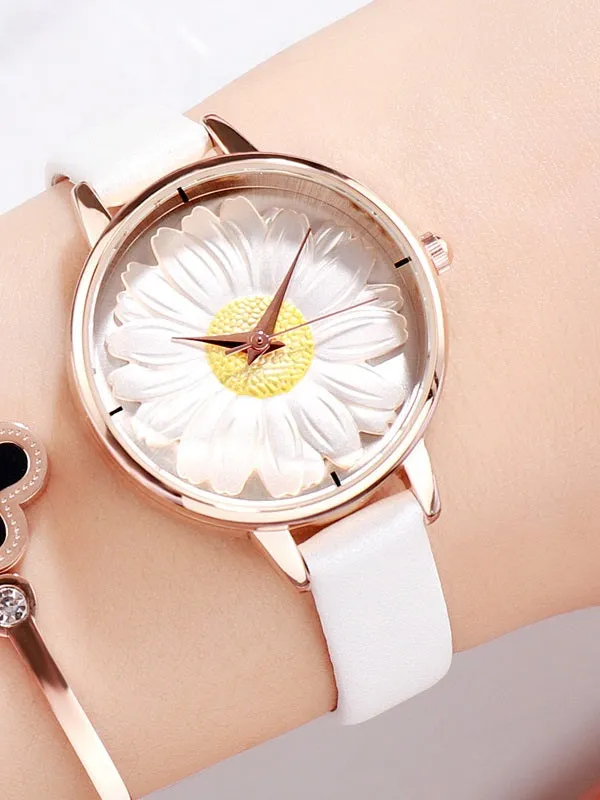 Women's Watch Flower Pattern Round dial leather strap elegant watch