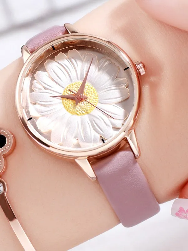 Women's Watch Flower Pattern Round dial leather strap elegant watch