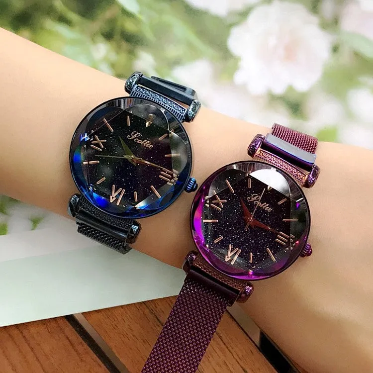 Women's Watch Rhombus-shaped Mirror purple dial Magnet Strap fashion watch