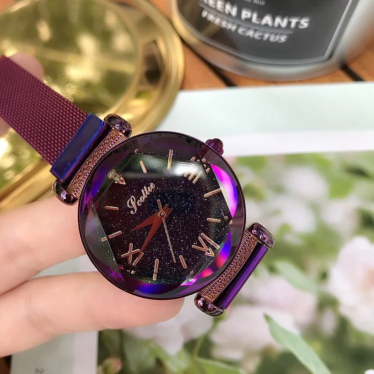 Women's Watch Rhombus-shaped Mirror purple dial Magnet Strap fashion watch