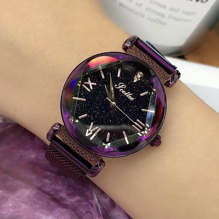 Women's Watch Rhombus-shaped Mirror purple dial Magnet Strap fashion watch