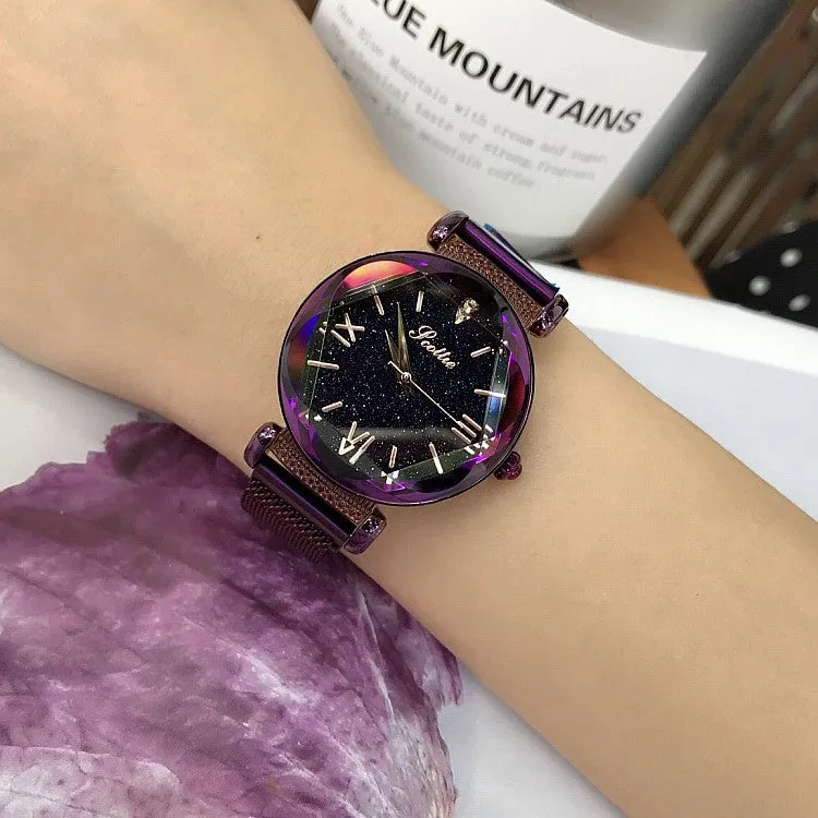 Women's Watch Rhombus-shaped Mirror purple dial Magnet Strap fashion watch