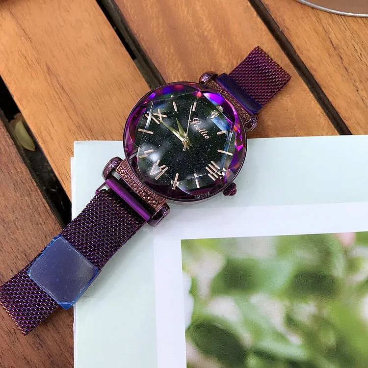 Women's Watch Rhombus-shaped Mirror purple dial Magnet Strap fashion watch