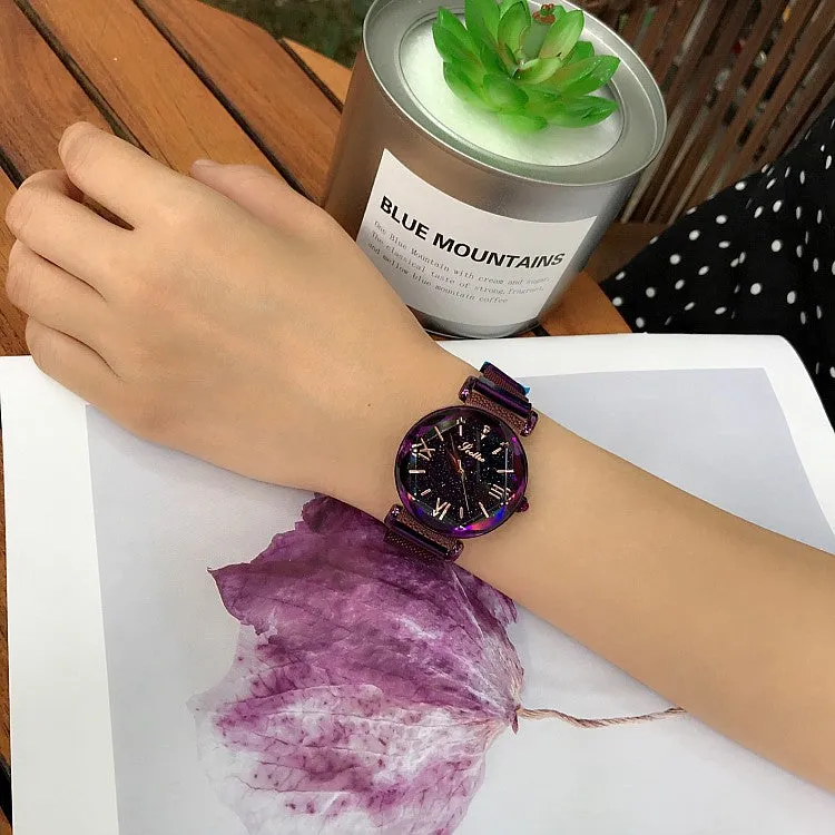 Women's Watch Rhombus-shaped Mirror purple dial Magnet Strap fashion watch