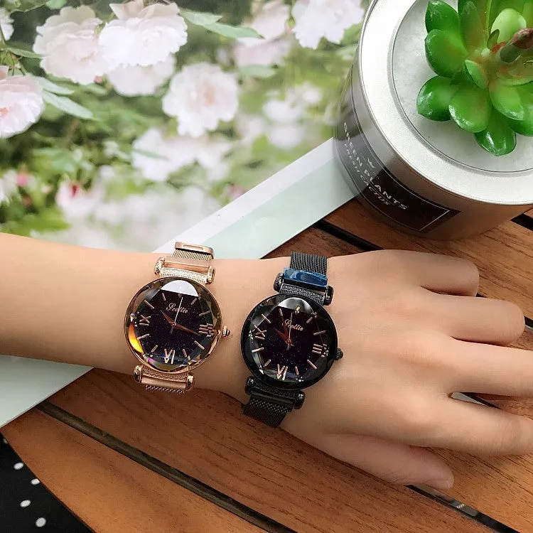 Women's Watch Rhombus-shaped Mirror purple dial Magnet Strap fashion watch