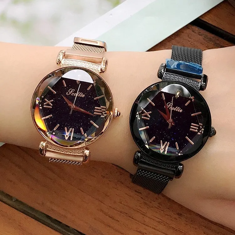 Women's Watch Rhombus-shaped Mirror purple dial Magnet Strap fashion watch